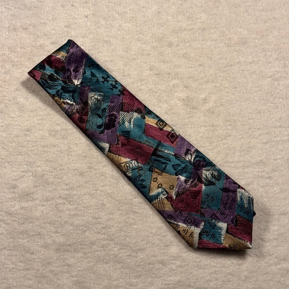 Reed St James Men's Geometric Pattern Silk Necktie Burgundy‎ Teal Gold Formal